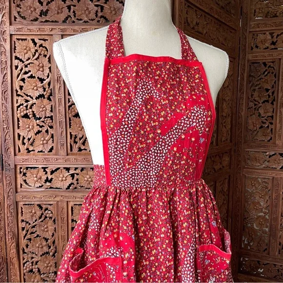 Vintage Handmade Unbranded Red Floral Halter Tie Apron Dress - Picture 5 of 8